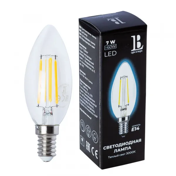 Светодиодная лампа L&B 7W 600Lm 3000K E14 E14-7W-WW-candle filament L&B E14-7W-WW-candle filament_lb