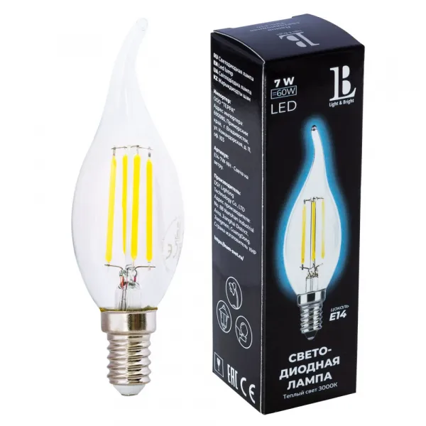 Светодиодная лампа L&B 7W 600Lm 3000K E14 E14-7W-WW-flame filament L&B E14-7W-WW-flame filament_lb