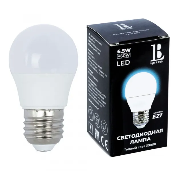 Светодиодная лампа L&B 6W 520Lm 3000K E27 E27-6,5W-3000K-G45 L&B E27-6,5W-3000K-G45_lb
