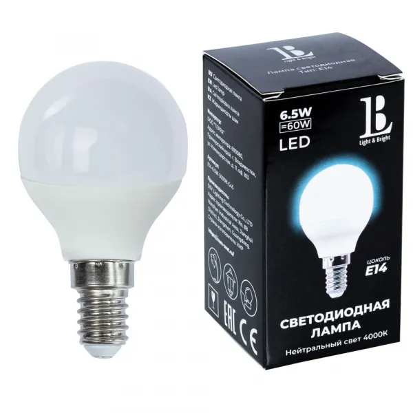 Светодиодная лампа L&B 6W 520Lm 4000K E14 E14-6,5W-4000К-G45 L&B E14-6,5W-4000К-G45_lb